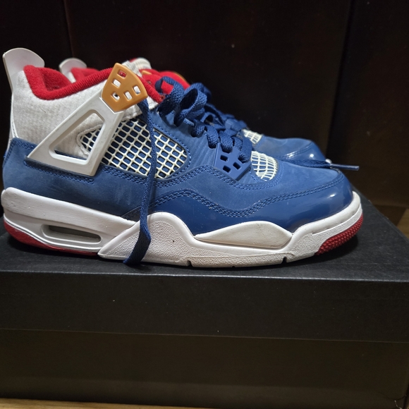 Jordan 4 Retro Kids Shoes - White, Blue, Red - Picture 2 of 3